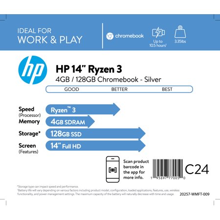 HP 14" FHD, Chromebook, AMD Ryzen 3-3250C, 4GBRAM, 128GB SSD, Silver, Chrome OS, 14b-na0010wm