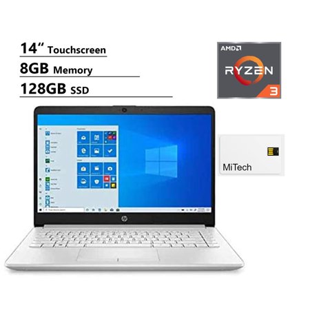 HP 14 Laptop for Business and Student, 14" LED Touchscreen, AMD Ryzen 3 3250U Processor(up to 3.5 GHz), 8GB RAM, 128GB SSD, Webcam, WiFi, Ethernet, HDMI, No DVD, Windows 11, Silver MiTech32GBCard