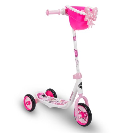 Huffy Disney Minnie Mouse Kids Toddler 3 Wheel Ride On Kick Scooter with Basket