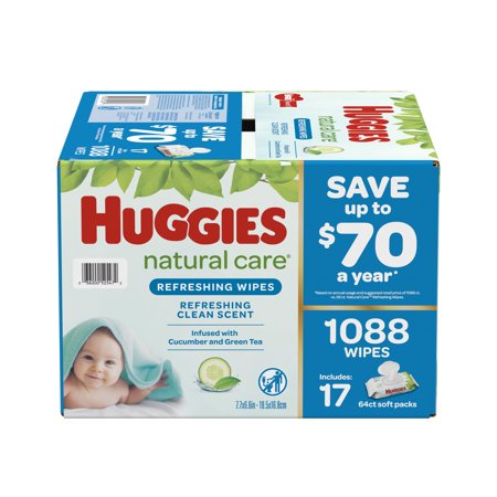 Huggies Natural Care Cucumber Baby Wipes, 17 Flip-Top Packs (1088 Total Wipes)