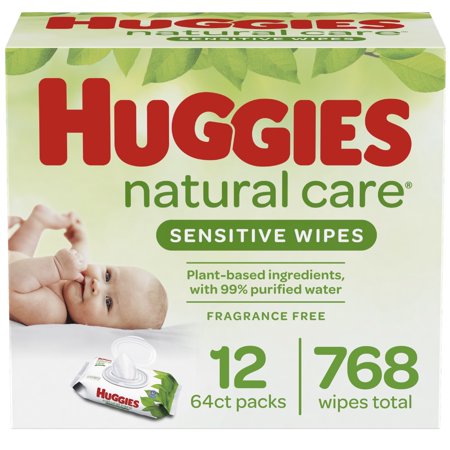 Huggies Natural Care Sensitive Baby Wipes, Unscented, 12 Flip-Top Packs (768 Wipes Total)