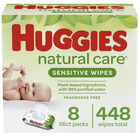 Huggies Natural Care Sensitive Baby Wipes, Unscented, 8 Flip-Top Packs (448 Wipes Total)