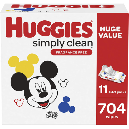 Huggies Simply Clean Unscented Baby Wipes, 11 Flip Lid Packs (704 Wipes Total)