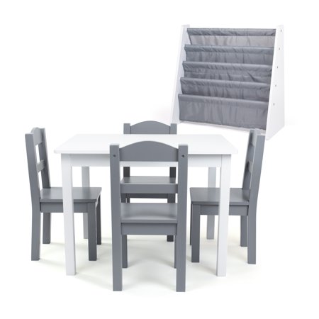 Humble Crew Gray Playroom in a Box, Kids Book Rack & 5pc Table and Chair Set, Gray/White