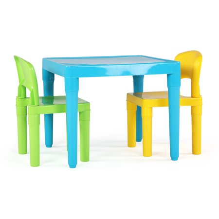 Humble Crew Kids Lightweight Plastic Aqua Table and 2 Chairs Set, Square, Green & Yellow Chairs