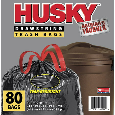 Husky Large Trash Bags, 30 Gallon, 80 Black Bags (Unscented, Tear-Resistant, Drawstring)