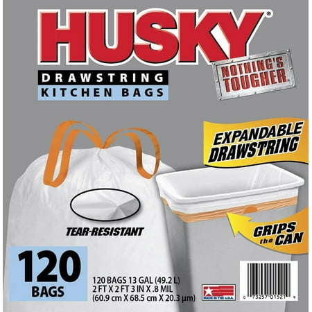 Husky Tall Kitchen Trash Bags, 13 Gallon, 120 Bags (Expandable Drawstring) - WALMART