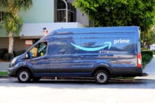 Amazon Delivery truck making deliveries on Sunday in Los Angeles, California