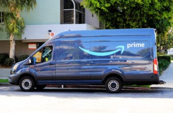 Amazon Delivery truck making deliveries on Sunday in Los Angeles, California