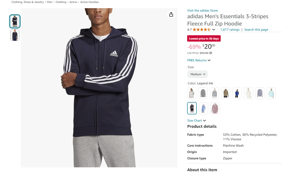 Adidas Men’s Essentials 3-Stripes Fleece Full Zip Hoodie ONLY $20 = 69% DROP!