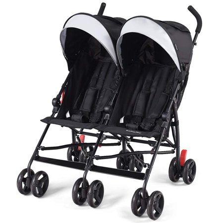 Infans Double Light-Weight Stroller, Travel Foldable Design, Twin Umbrella Stroller with 5-Point Harness, Cup Holder, Sun Canopy for Baby, Toddlers (Black)