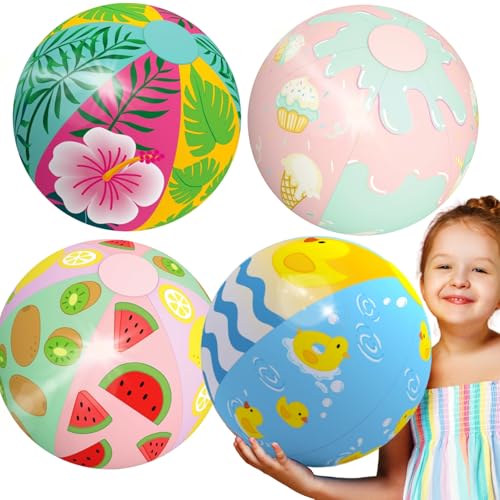 Sean'S Choice 4 Pack 20&Quot; Beach Balls, Large Inflatable Pool Toys With Fun Printed Designs Beach Party Decorations Supplies Kids Adults Birthday Luau Summer Water Games