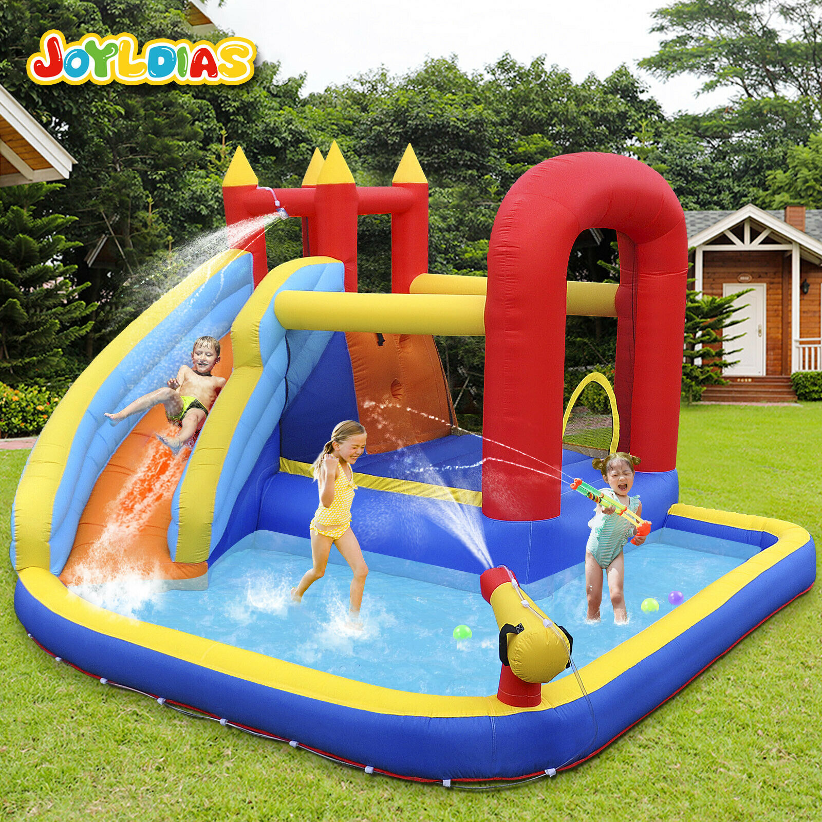Inflatable Kids Water Slide Bounce House W/Blower Water Gun Splash Pool Wet Dry