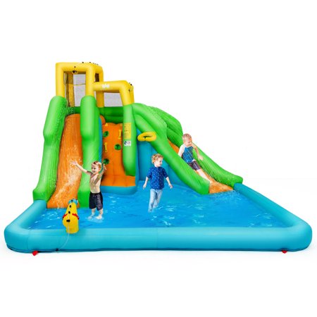 Inflatable Water Park Bounce House w/Climbing Wall Two Slides and Splash Pool