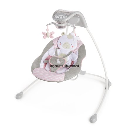 Ingenuity InLighten Baby Swing, Easy-Fold Frame, Swivel Infant Seat, Lights - Flora the Unicorn (Pink)