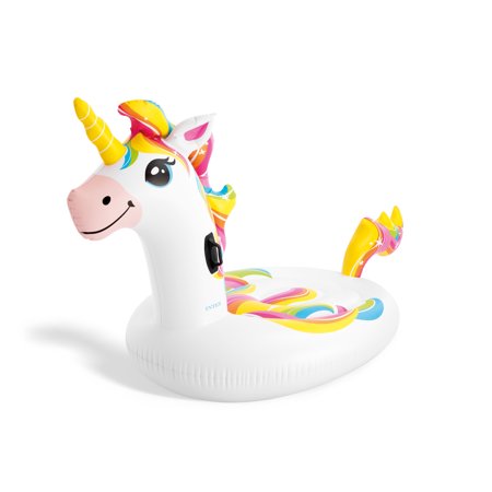 Intex Mega Unicorn Island Pool Float that is 106 inches Long by 55 inches wide and 55 inches high.