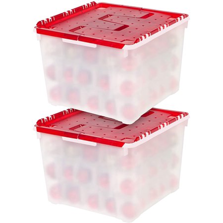IRIS USA, Red Plastic Holiday Ornament Storage Box Container, 2 Pack, Pearl/Red