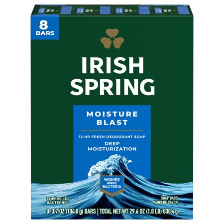 Irish Spring Bar Soap for Men, Moisture Blast Deodorant Bar Soap, 3.7 Oz, 8 Pack