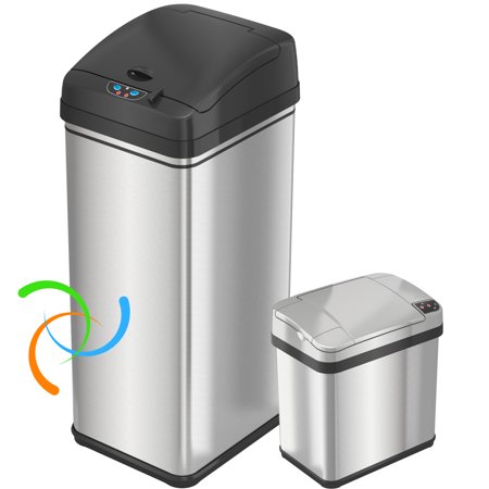 iTouchless Sensor Trash Cans, 13 Gallon Kitchen Bin and 2.5 Gallon Bathroom Bin, Stainless Steel Garbage Cans with Odor Filters, 2-Pack