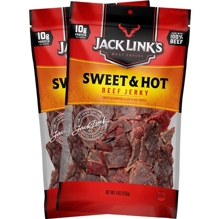 Jack Link's Beef Jerky, Sweet & Hot, 9 oz. Bags, 2 Count‚ Flavorful Meat Snack for Lunches, 10g of Protein and 80 Calories, Made with 100% Premium Beef - 96% Fat Free,No Added MSG or Nitrates/Nitrites