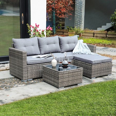 JOIVI Patio Conversation Set, PE Wicker Rattan Outdoor Furniture Set, 2 Ways Small Sectional Sofa Lounge and Love Seat with Cushions, Tempered Glass Coffee Table, Silver-Gray