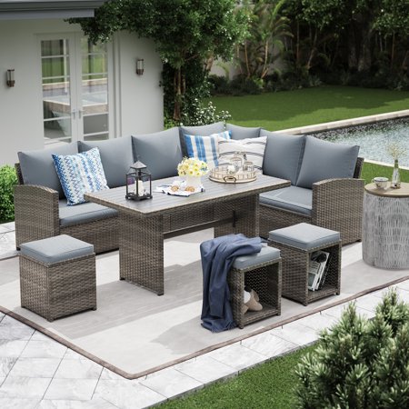 JOIVI Patio Furniture Set, 7 Pieces PE Rattan Wicker Dining Sofa Set, Outdoor Patio Furniture with Ottoman and Aluminium Table, Gray