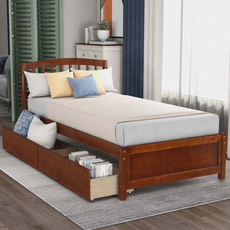 JUMPER Twin Bed Wood Platform Storage Bed Twin Bed Frame Mattress Foundation with 2 Drawers w/ Wheel and Wood Slat Support for Bedroom, Dorm, Boys, Girls, Adults, No Box Spring Needed