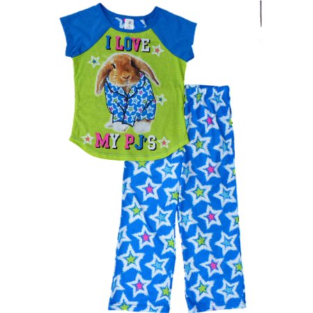 JV Apparel Girls Blue & Green I Love My PJS Bunny Pajamas Sleep Set Sleepwear S