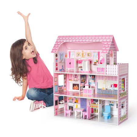 KAAYEE Dreamy Classic Dollhouse, Great Gift for Kids, Doll Playhouse Cottage Set with 9 pcs Furniture, Play Accessories
