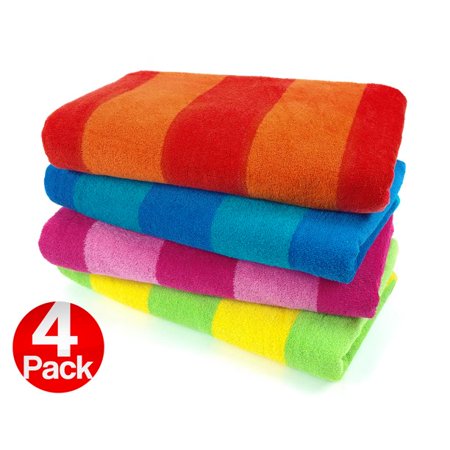 Kaufman 4 Pack Velour Two Color Stripe Beach Towel. 30in x 60in, Assorted Colors