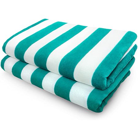 Kaufman - Printed Towels, Soft, Plush ,100% Combed Ring Spun Cotton Velour Oversized 30”x60” Highly Absorbent, Quick Dry, Lightweight, Colorful Cabana Striped Beach, Pool and Bath Towel. (Green, 2)