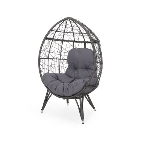 Keondre Indoor Wicker Teardrop Chair with Cushion, Gray and Dark Gray