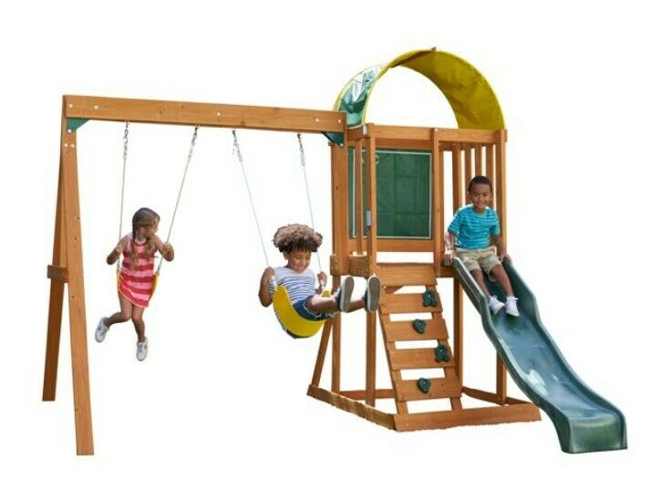 KidKraft Ainsley Wooden Outdoor Swing Set / Playset with Slide, Canopy and Rock