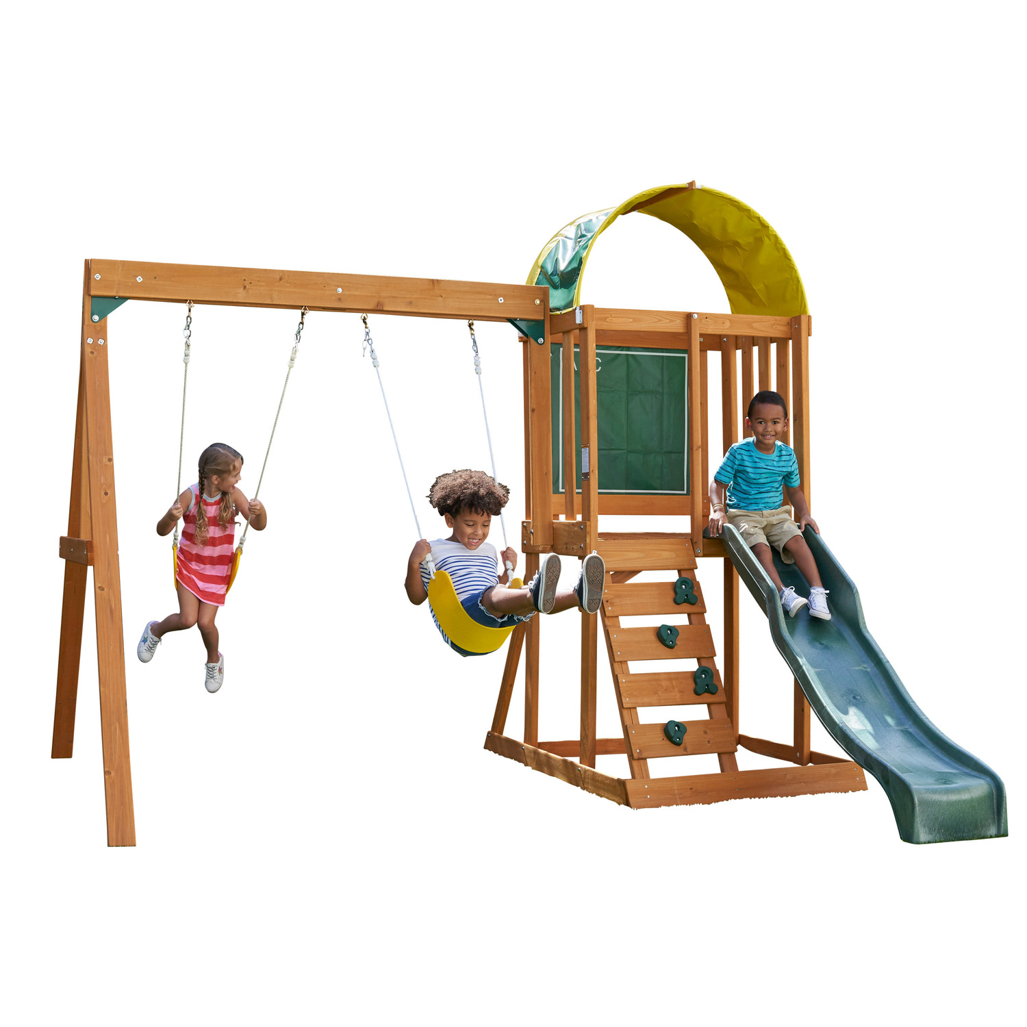 Kidkraft Ainsley Wooden Outdoor Swing Set with Slide, Chalk Wall, Canopy and Roc