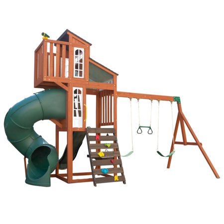 KidKraft Austin Wooden Outdoor Swing Set / Playset with Slides, Swings, Kitchen and Rock Wall