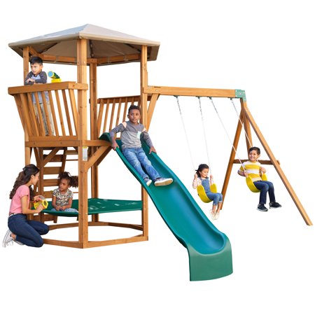 KidKraft KidKraft Jungle Journey Wooden Outdoor Swing Set with Slide and Observation Deck