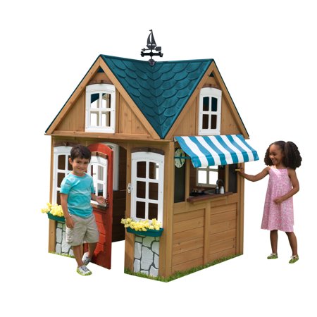 KidKraft Seaside Cottage Outdoor Wooden Playhouse with Ringing Doorbell, Bench and Kitchen