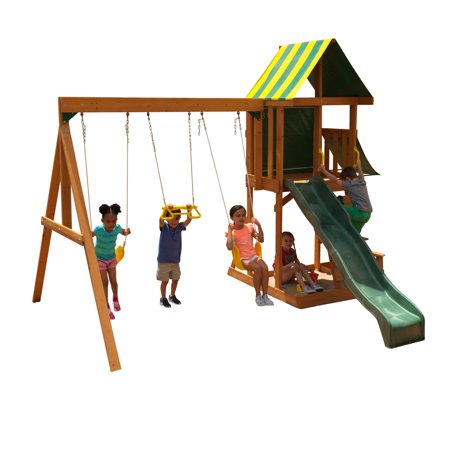 KidKraft Spring Meadow Wooden Backyard Outdoor Swing Set with Slide and Picnic Table