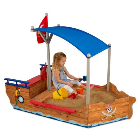 KidKraft Wooden Pirate Sandbox with Canopy, Covered Kid's Sandbox, Outdoor Furniture - Blue & Red