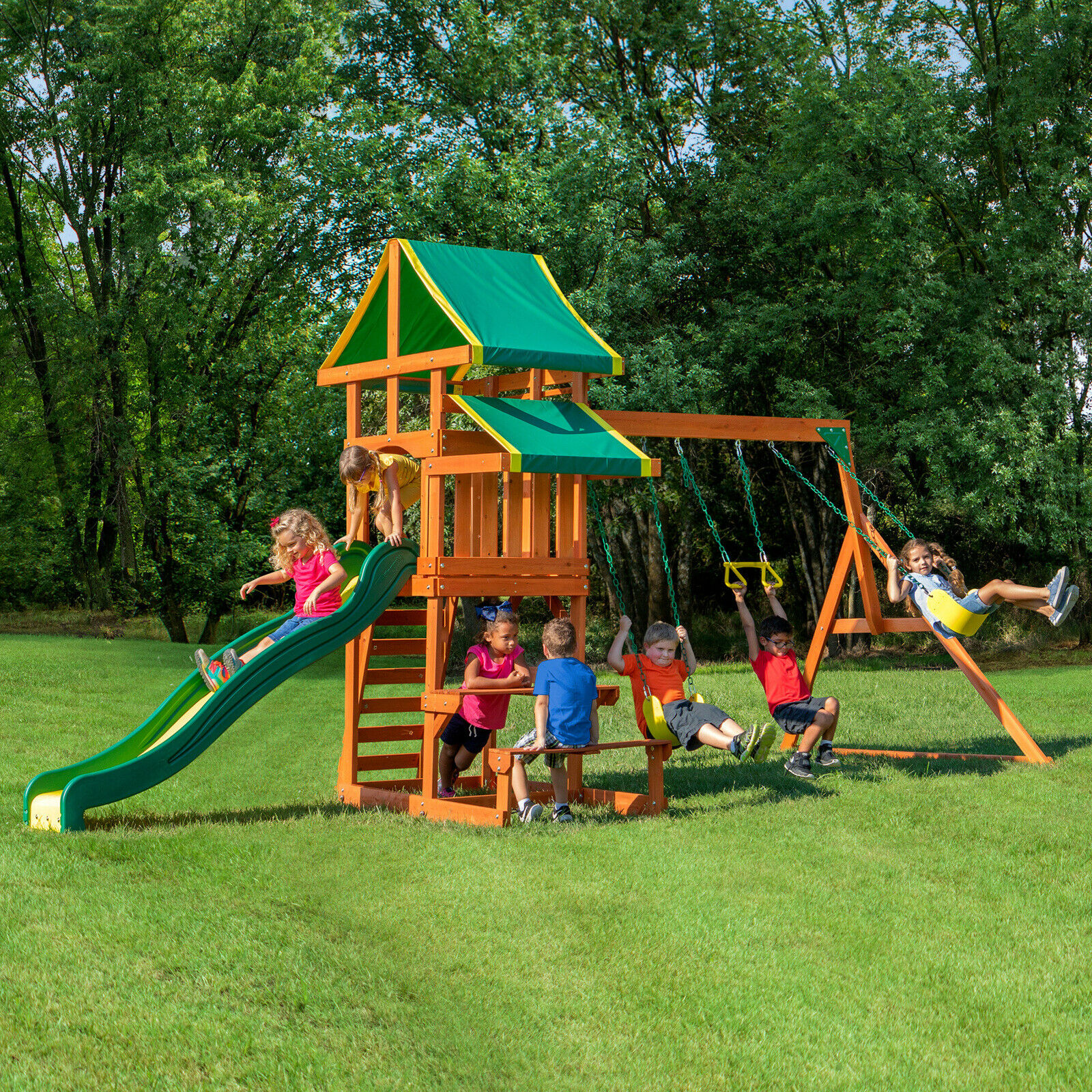 Kids Backyard Wooden Swing Set Cedar Wood Outdoor Slide Play-house Playground