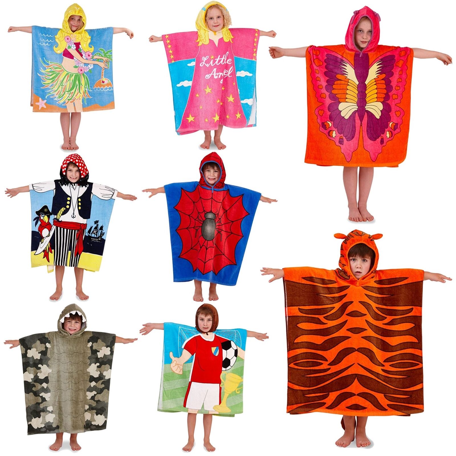 Kids Boys Girls Novelty Character Hooded Swim Beach Bath Towel Tiger Hula Poncho