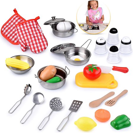 Kids Kitchen Toy Set, Educational Play with Stainless Steel Cookware Pot and Pan Set, Wooden Cooking Utensils, Grocery, Apron, Mitts and Hat