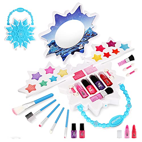 Kids Makeup Kit for Girl,28Pcs Real Little Girls Makeup Set with Snowflake Cosmetic Case,Washable Makeup Toys for Kids,Pretend Play Makeup Christmas Birthday Gift for 5-12 Years Old Girl, Blue-white
