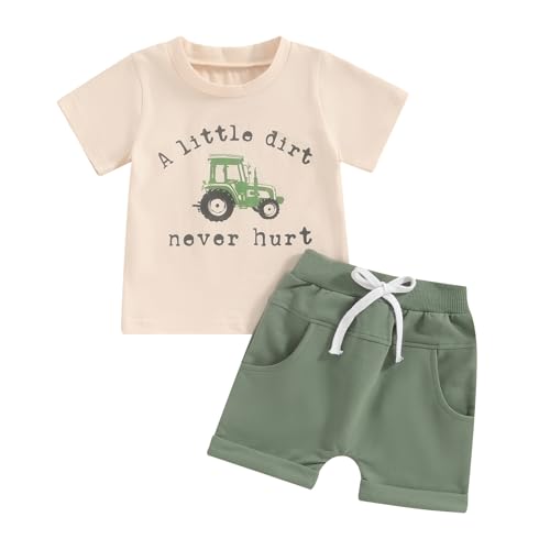 AMAZON Glitches and Price Mistakes Jlkgicf Toddler Boy Summer Outfit Letters Tractor T-Shirt Top Elastic Shorts 0 6 12 18 24 Months 2T 3T Baby Boy Clothes (Beige+16, 18-24 Months)