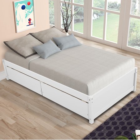 Kids Wood Platform Bed Twin Size with 2 Drawers, Single Storage Platform Bed for Kids Teens Adults, No Box Spring Needed, White