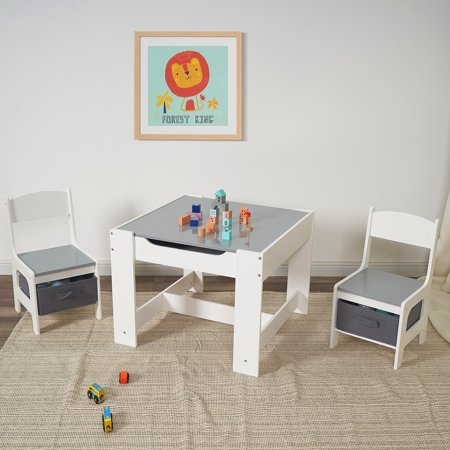 Kids Wooden Storage Table and Chair, Kids Wood Drawing Table, White & Gray, Set of 3