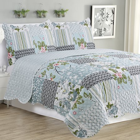 Kim - 3 Piece Quilt bedspread Set queen & king size - Silver Bird Floral