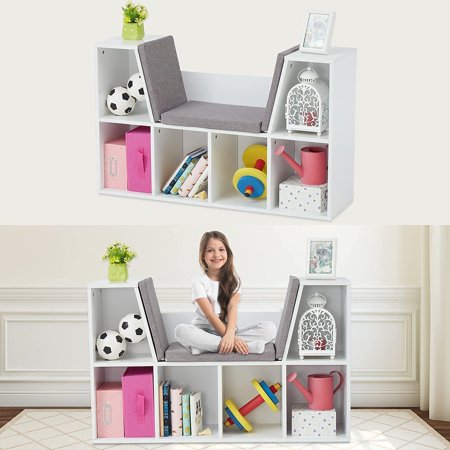 Kinbor Kids Bookcase, 6-Cubby Multi-Purpose Storage Organizer w/ Reading Nook & Cushions, White