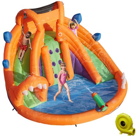 Kinbor Kids Inflatable Bounce Water Slide Bouncy Castle House w/ Climbing Wall Water Cannon Splash Pool, Including Blower & Carry Bag