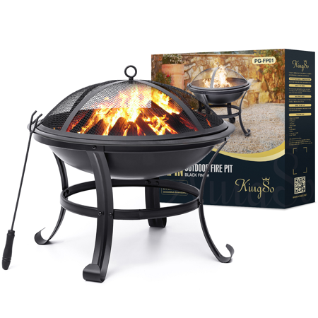 KingSo 22" Wood Burning Fire Pit for Camping Picnic Bonfire Patio Outside Backyard Garden, Round Steel Black